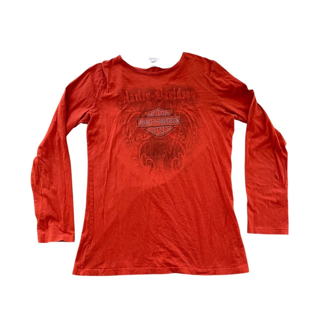Y2K Harley Davidson El Paso Texas Rhinestone Orange Long Sleeve Tee M Biker